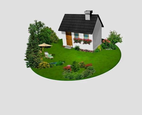 House with flowers and trees on the circle garden 3D — Stock Photo, Image