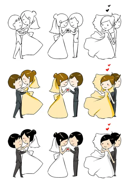 Jolie mariée et marié avec 3 actions — Image vectorielle