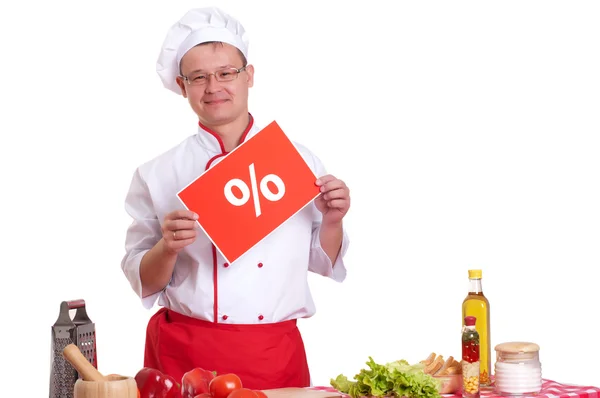 Шеф-кухар тримає знак з написом відсотків — стокове фото