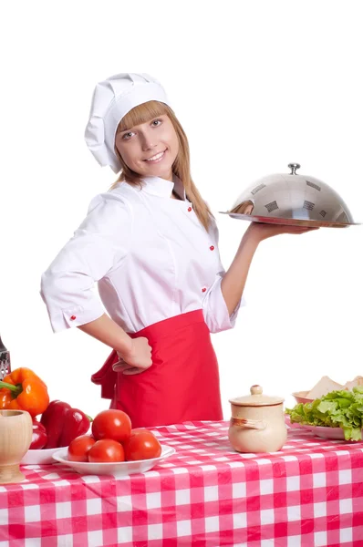 Attraktive Köchin mit weißem Hintergrund Stockbild