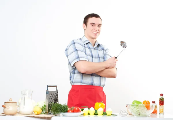 Portrait of a young man, hold ladle — Stock Photo, Image