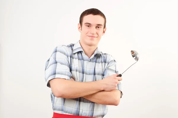 stock image Portrait of a young man, hold ladle