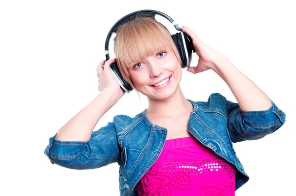 Ung attraktiv kvinna till musik — Stockfoto