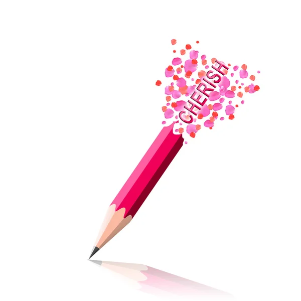 흰색 바탕에 분홍색 연필과 장미 꽃잎 디자인 사랑 단어 아이디어. — 스톡 사진