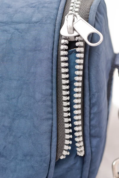 stock image Close up view of plastic zip on blue color bag