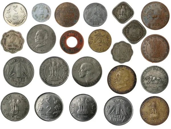 Nya och gamla indiska mynt i silver, koppar, mässing — Stockfoto