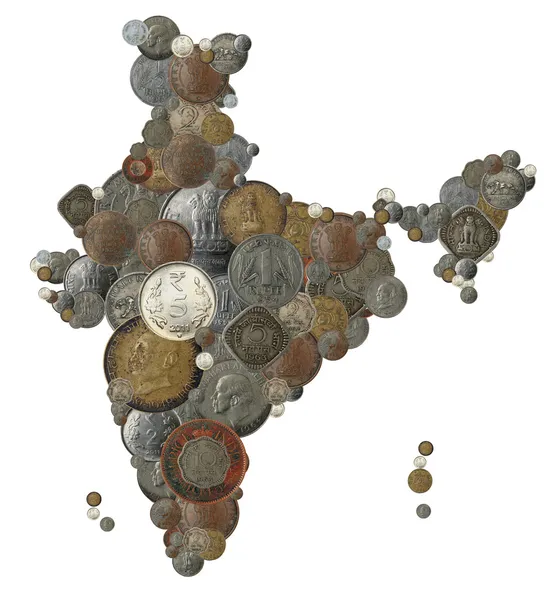 Indiska land karta med gamla, nya Indien mynt — Stockfoto