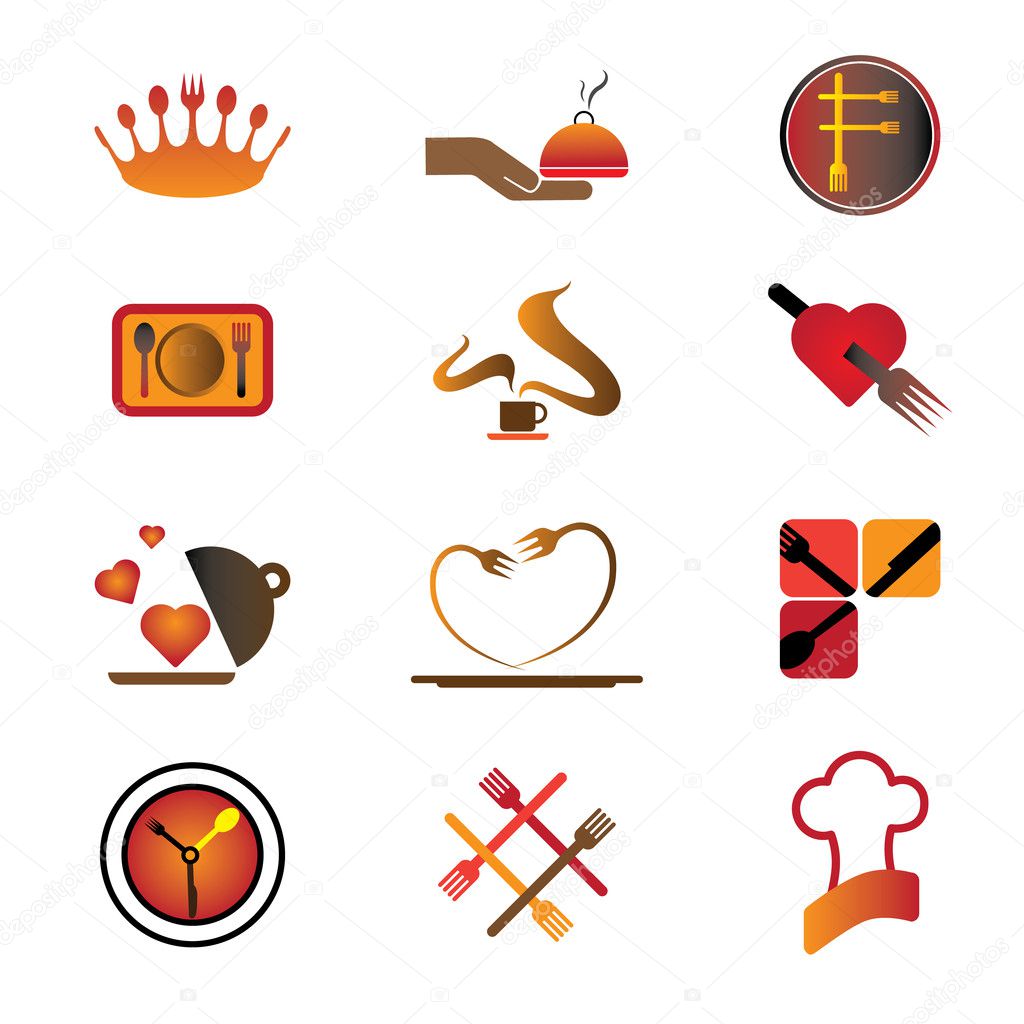 Set of hotel, resort and restaurant industry related food and logo icons. These signs and symbols of food, fork, knife and spoons are creative and useful icons and can be used in websites, prints, etc