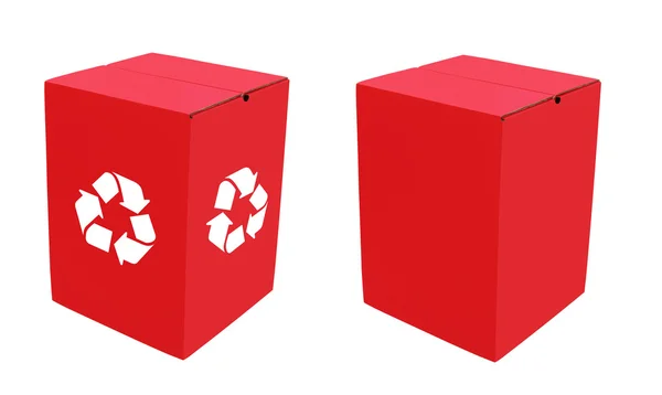 चमकीले लाल रंग में दो खाली पर्यावरण अनुकूल कार्डबोर्ड बॉक्स, एक — स्टॉक फ़ोटो, इमेज