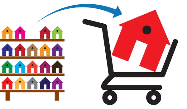 Концепция покупки дома или недвижимости в продаже. Торговый тролль — стоковый вектор