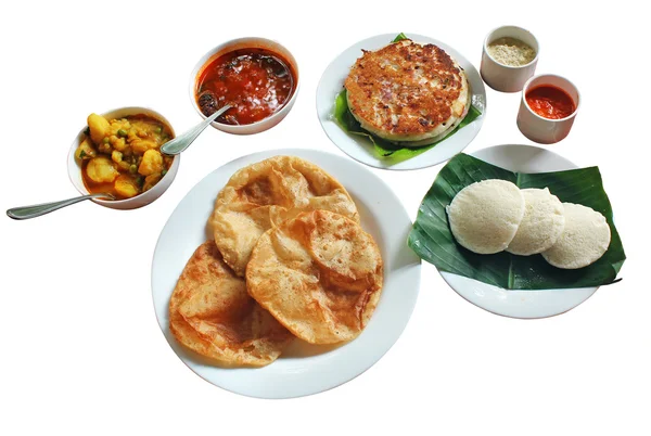 Södra Indiska morgon frukost och lunch bestående av dosa eller u — Stockfoto