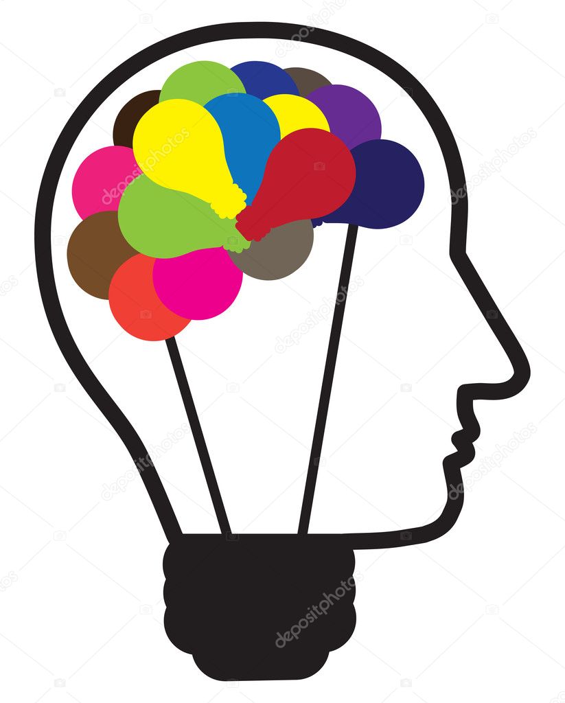 Illustration of idea light bulb as human head creating ideas sho