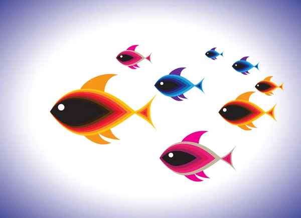 Ilustracja szkoły kolorowe ryby pływać razem w b — Wektor stockowy