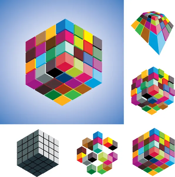 Illustration of colorful and mono-chromatic 3d cubes arranged in — Stock Vector
