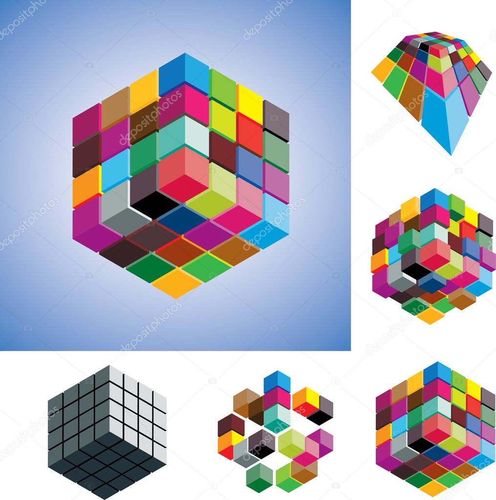 Illustration of colorful and mono-chromatic 3d cubes arranged in