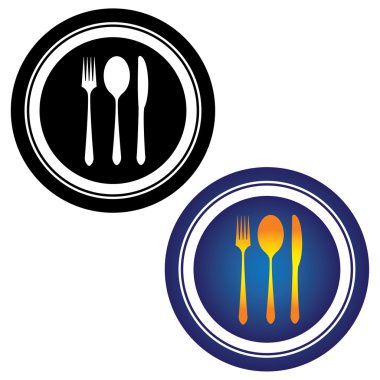 Illustration of spoon, fork, knife and plate in black and white clipart