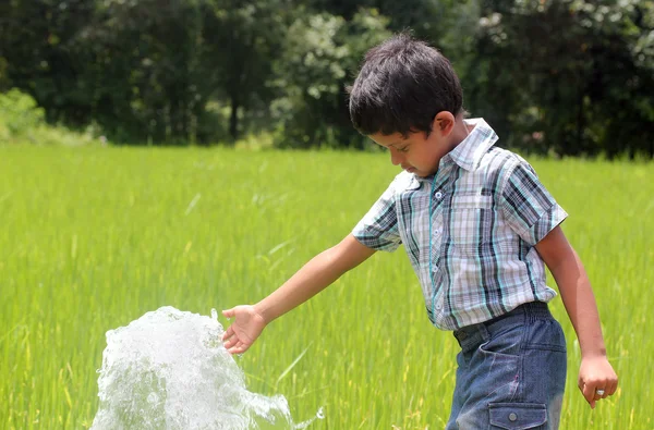 Gutaussehendes indisches Kind spielt mit Wasserquelle in einem üppigen Anbau — Stockfoto