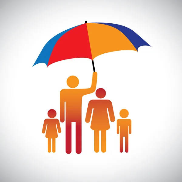 Ilustracja czteroosobowej rodziny z parasolem. graficzny spodnie granatowe — Wektor stockowy