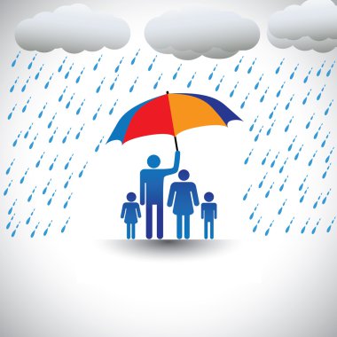 Father protecting family from heavy rain with umbrella. The grap clipart