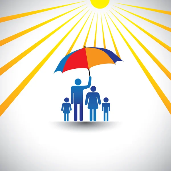 Otec chránit rodinu před horkým sluncem s deštníkem. grafika — Stockový vektor