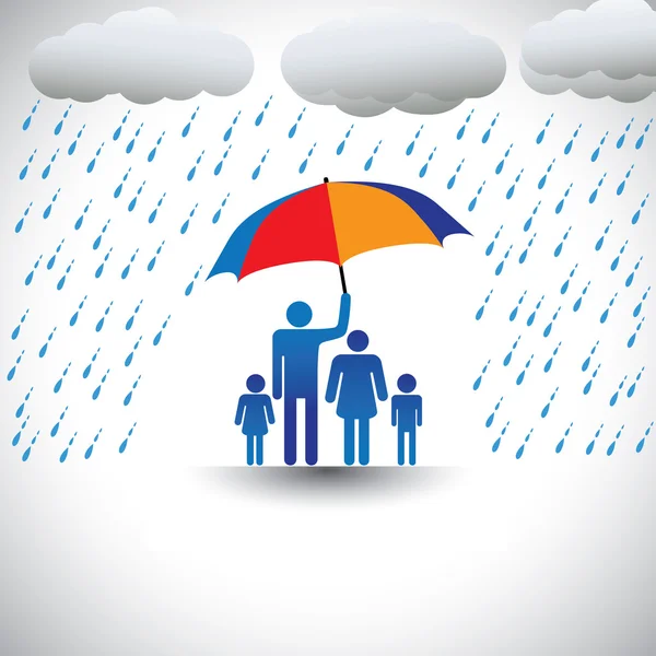 Padre protegge la famiglia da forti piogge con ombrello. Il grap — Vettoriale Stock