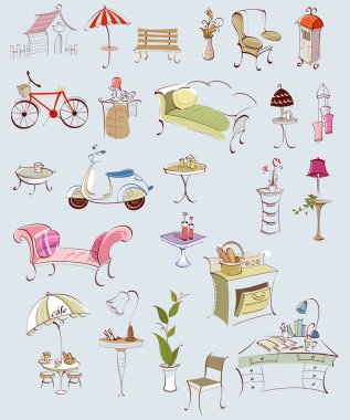 Hand drawn of set of appliances and furniture style vintage.