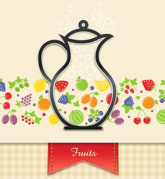 水罐与水果和浆果、 食物背景 — 图库矢量图片