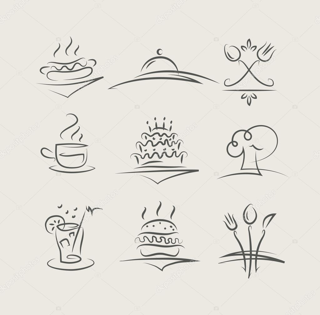 Food and utensils set of vector icons