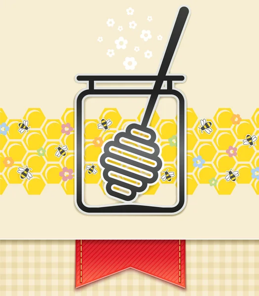 Кувшин с медом и ложкой. продовольственный фон — стоковый вектор
