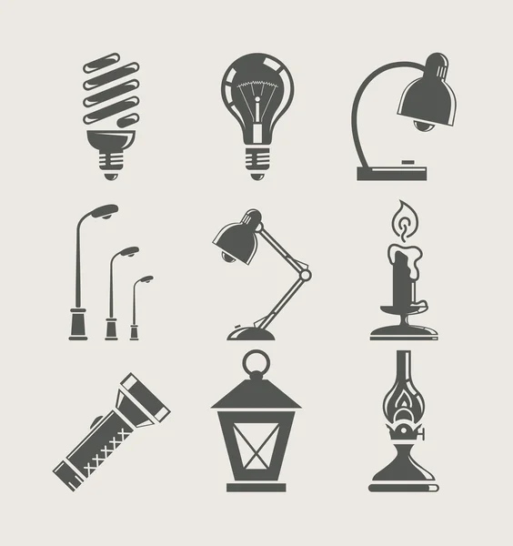 Bombilla y aparato de iluminación. conjunto icono — Archivo Imágenes Vectoriales