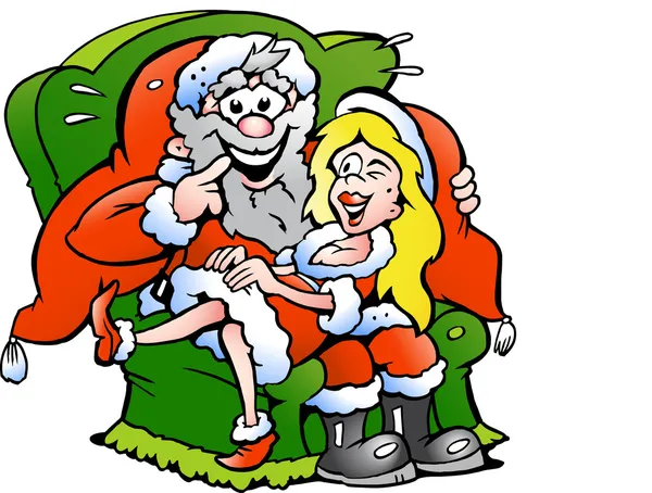Hand-drawn Vector illustration of an Santa Claus sitting with a cute Christmas girl — Stock Vector