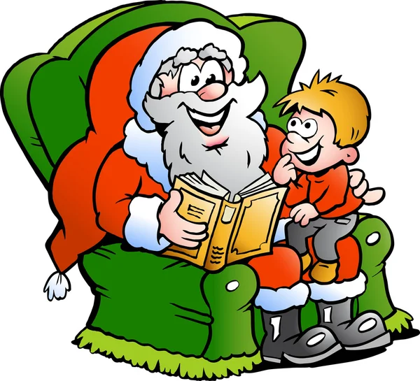 Ручная векторная иллюстрация Санта-Клауса рассказывает историю маленькому мальчику — стоковый вектор
