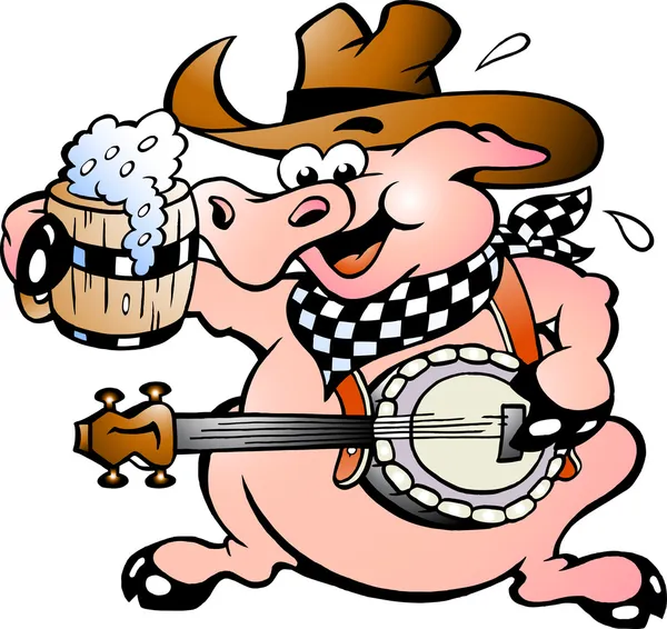 Handritade vektor illustration av en gris som spelar banjo — Stock vektor