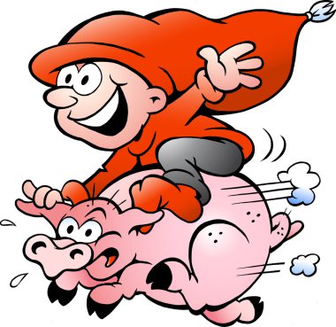 Hand-drawn Vector illustration of elf riding on a pig clipart