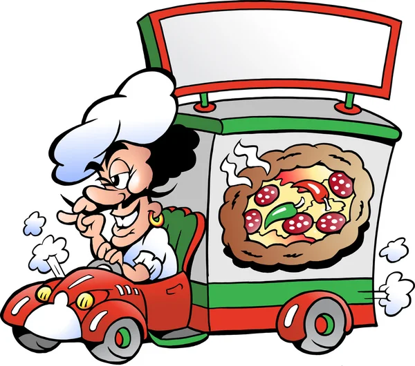 Ilustración vectorial dibujada a mano de un coche Italien pizza dilevery — Vector de stock