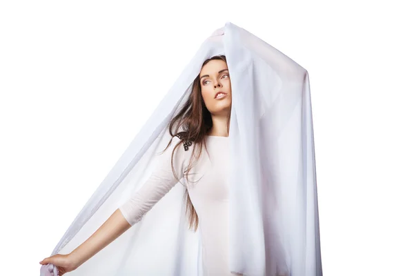 Mulher romântica vestindo vestido branco isolado — Fotografia de Stock