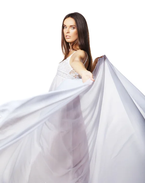 Sexig kvinna klädd i vit klänning isolerade — Stockfoto
