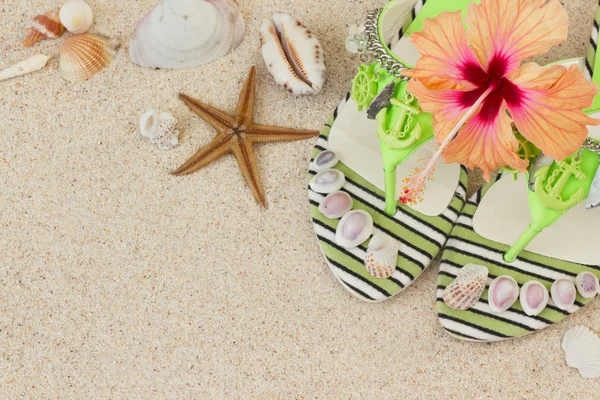 サンダル、貝殻、砂の上のハイビスカス — ストック写真