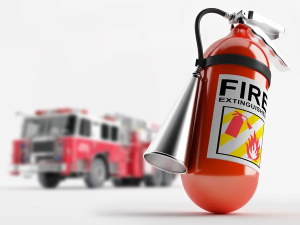 Пожарная машина и огнетушитель — стоковое фото