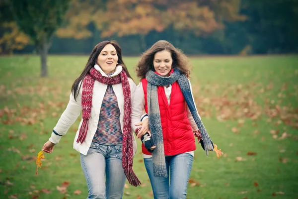 Kaksi nuorta naista kävelemässä syksyllä puistossa — kuvapankkivalokuva