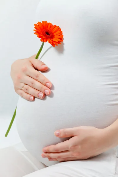Беременная женщина трогает здесь живот. — стоковое фото