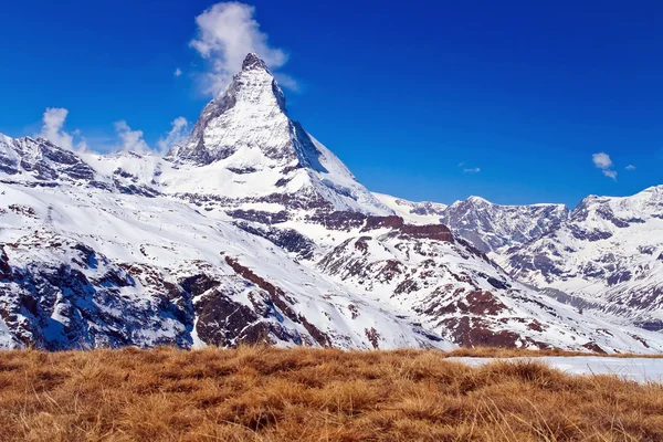 Landscape of Matterhorn peak with dry meadow located at Gornergrat in Switzerland — Stock Photo, Image