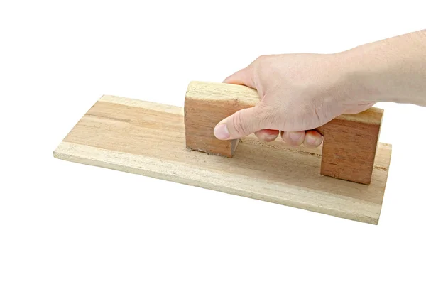 Mão com alaúde de madeira isolado em branco — Fotografia de Stock