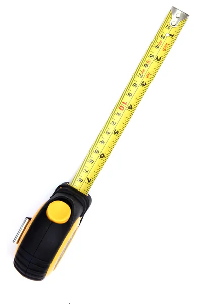 Perspectiva de fita métrica amarela no branco de cima — Fotografia de Stock