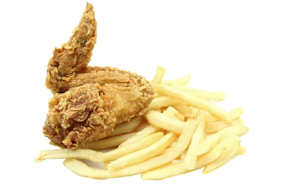 Crispy and spicy fried chicken wing with french fries — Stock Photo, Image