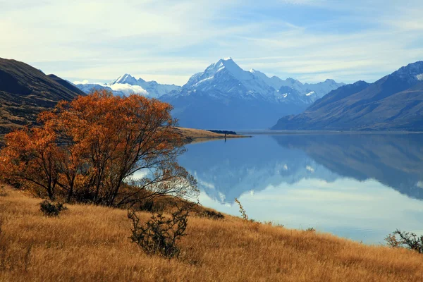 Landskap av bergskock med dess reflexion från lake pukaki — Stockfoto