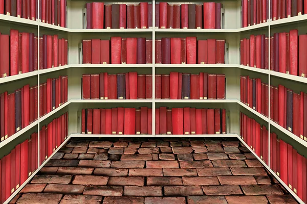Červená pevná vazba knihy na polici ve staré cihlové knihovně — Stock fotografie