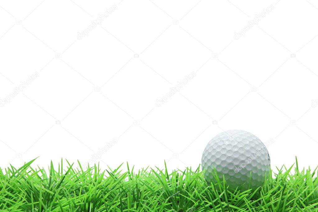 Isolated golf ball on green grass over white background