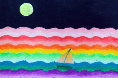 Sail in sea and moon free hand drawing clipart