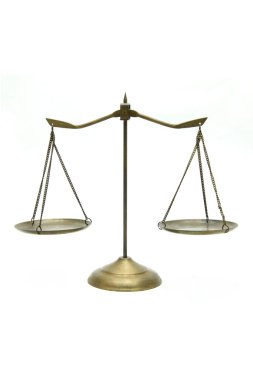 Golden brass scales of justice on white clipart